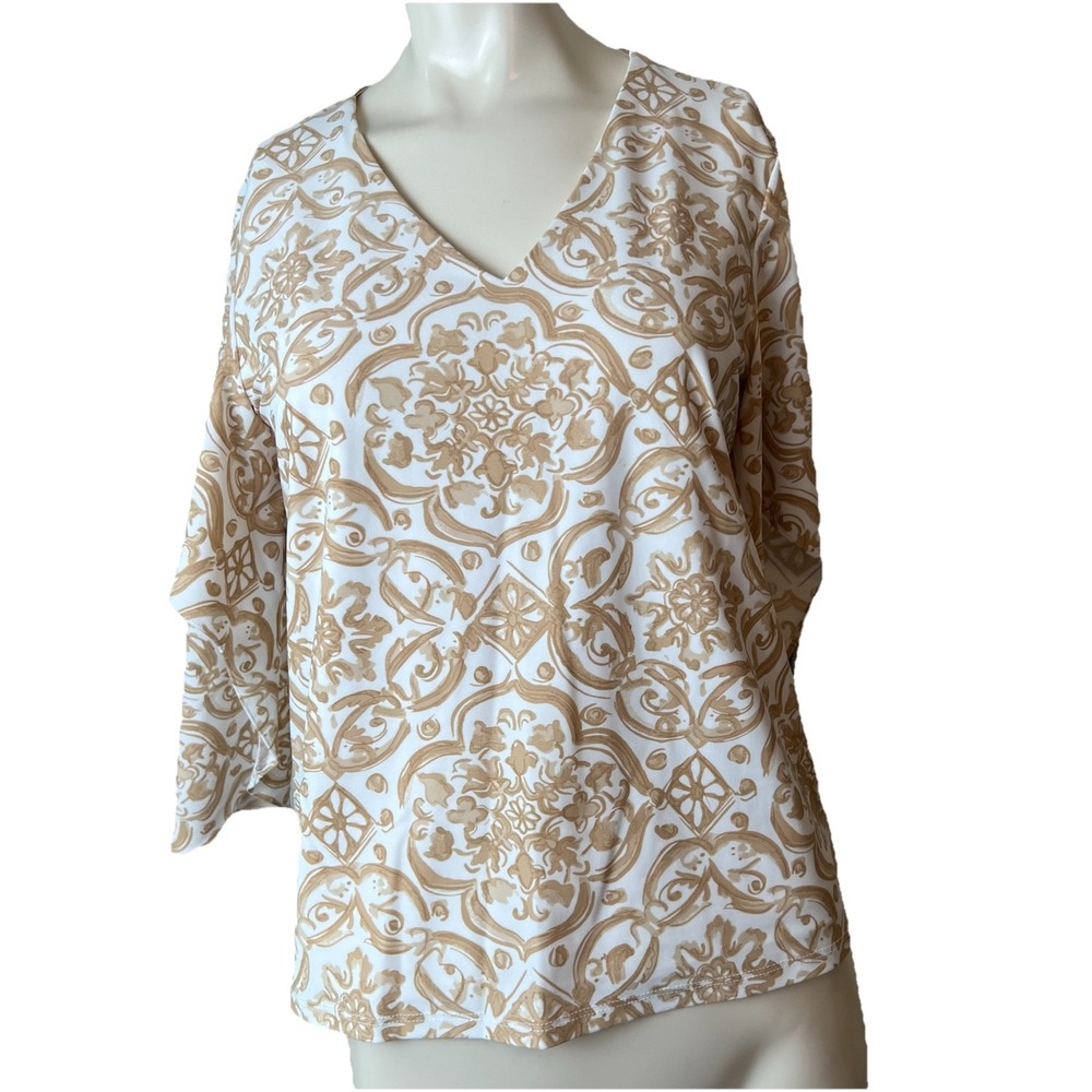 JUDE CONNALLY DANIELLA BLOUSE PAINTED TILE PRINT  WHITE BROWN  SIZE XS